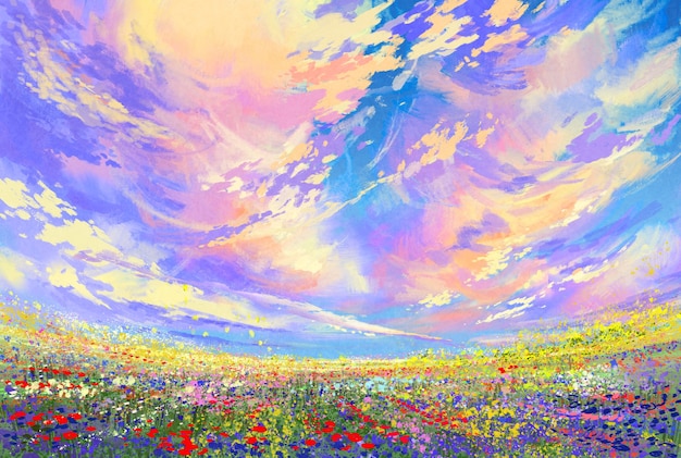 fiori colorati in campo sotto bellissime nuvole, pittura di paesaggio