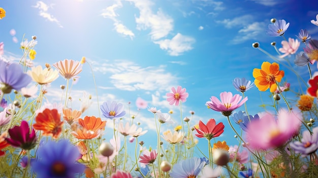 Fiori colorati in un campo sotto un cielo blu