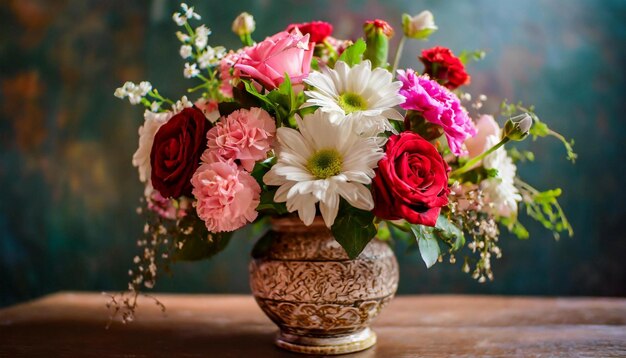 Fiori colorati in un vaso decorativo sul tavolo Un bel bouquet