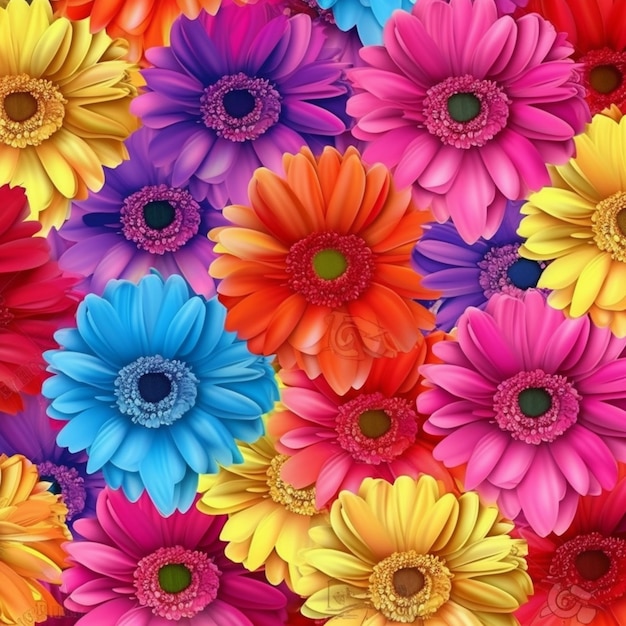 fiori colorati sono disposti in un grande gruppo su uno sfondo colorato generativo ai