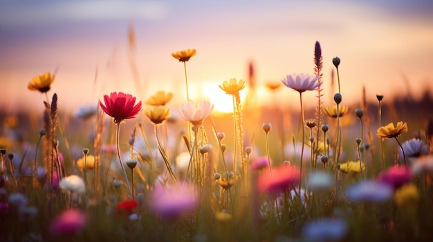 Fiori colorati sul prato al tramonto sfondo naturale IA generativa