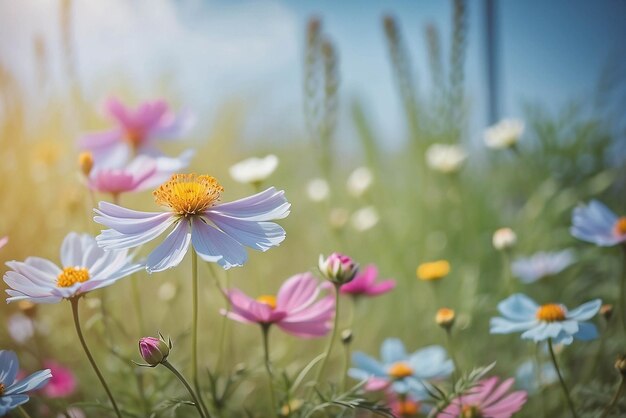 Fiori Cosmos in giardino con sfondo copyspace stile vintage soft focus