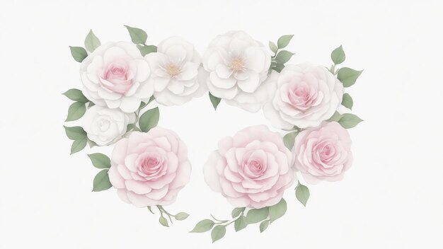 Fiori d'acquarello rosa e bianchi a forma di cuore su sfondo bianco