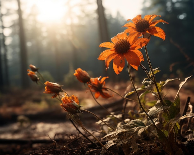 fiori d'arancio nella foresta con il sole sullo sfondo