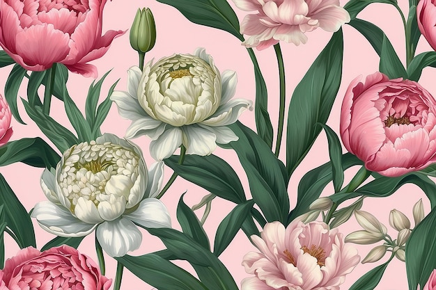 Fiori d'epoca Peonie tulipani gigli ortensia su sfondo floreale illustrazione floristica in stile barocco