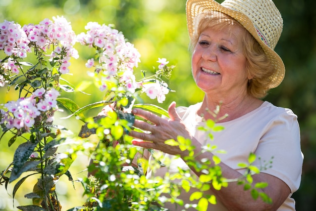 Fiori d'esame della donna senior in giardino