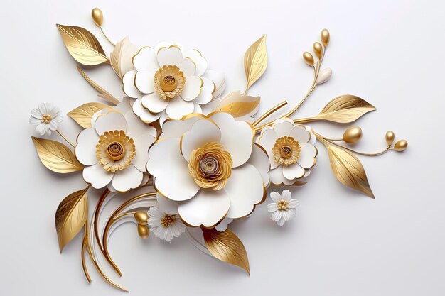 Fiori d'oro 3d sullo sfondo bianco