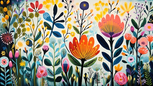fiori dai colori vivaci dipinti su una parete in un giardino generativo ai