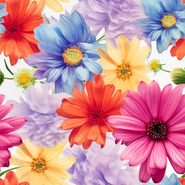 fiori dai colori vivaci sono disposti in un modello su uno sfondo bianco generativo ai