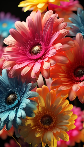 fiori dai colori vivaci sono disposti in un vaso su uno sfondo nero generativo ai