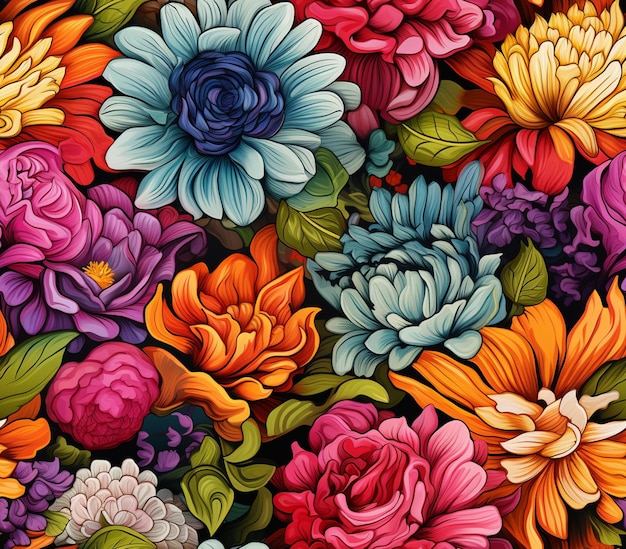 fiori dai colori vivaci sono disposti in uno schema su uno sfondo nero generativo ai