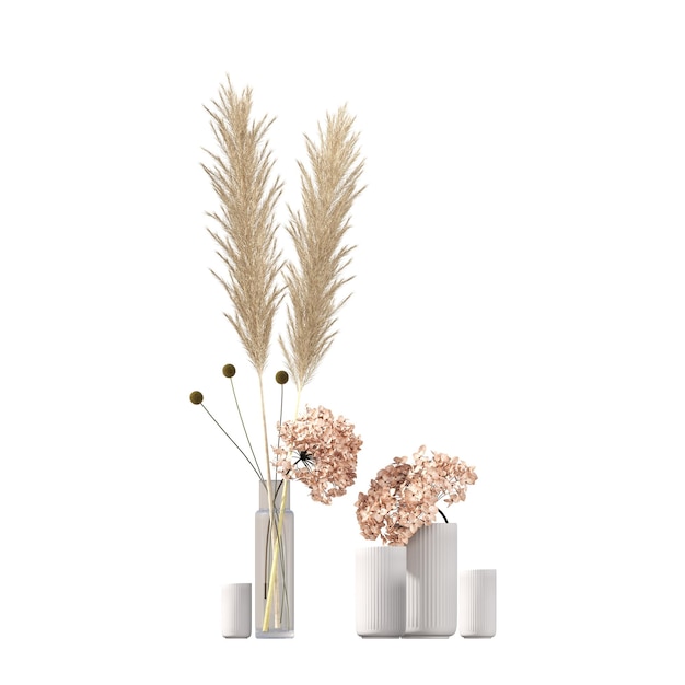 fiori decorativi e piante per interni, isolati su sfondo bianco, illustrazione 3D, cg re