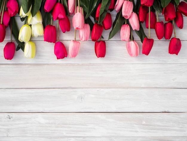 Fiori dei tulipani della primavera su un vecchio di legno