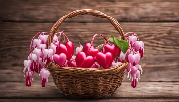 Fiori del cuore rosso sanguinante nel cesto su uno sfondo di legno