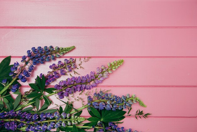 Fiori del lupino su un fondo di legno