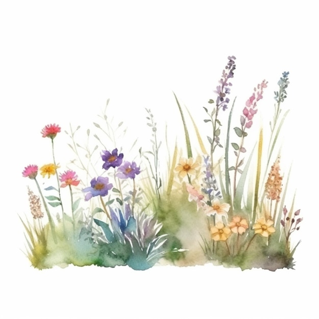 Fiori dell'acquerello sull'erba. illustrazione dipinta a mano.