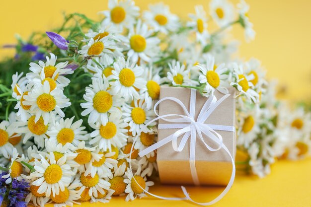 Fiori della camomilla e contenitore di regalo o presente su giallo