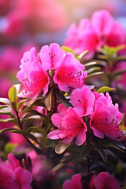 Fiori di azalea rosa in fiore con gocce d'acqua retroilluminate dalla luce solare