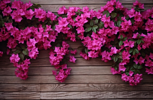 Fiori di azalea rosa su uno sfondo di legno rustico vista dall'alto