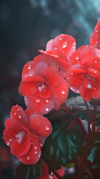 Fiori di begonia in fiore con gocce d'acqua closeup sfondo Carta da parati floreale Ai generato