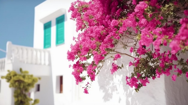 Fiori di bouganville su un muro bianco