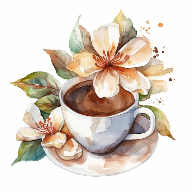 Fiori di caffè su sfondo bianco in acquerello in stile AI generato