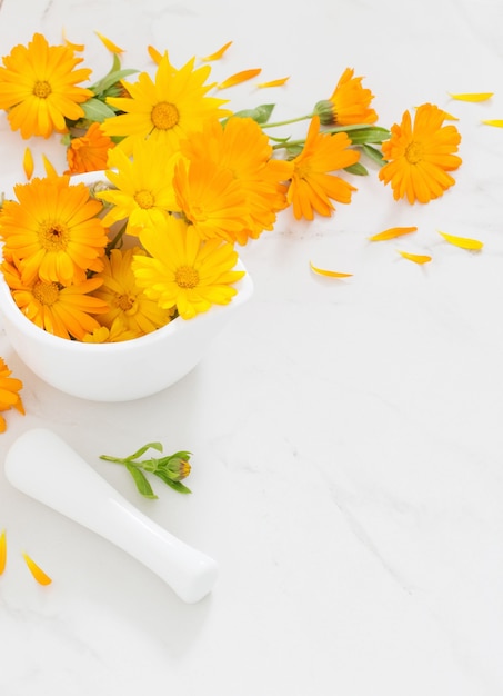 Fiori di calendula arancione su sfondo di marmo bianco