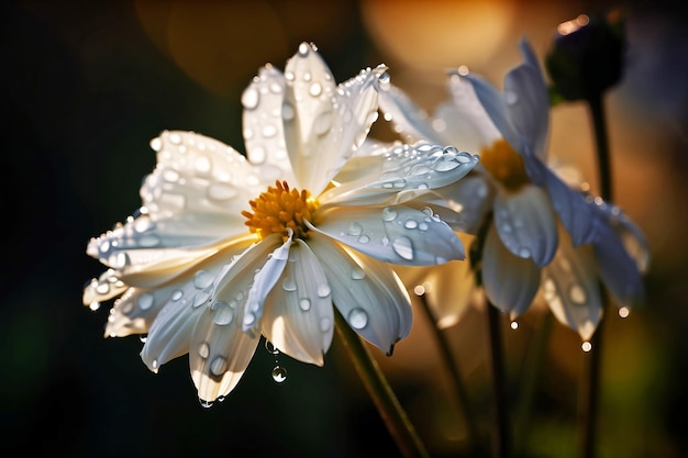 Fiori di campo bianchi con gocce d'acqua da vicino