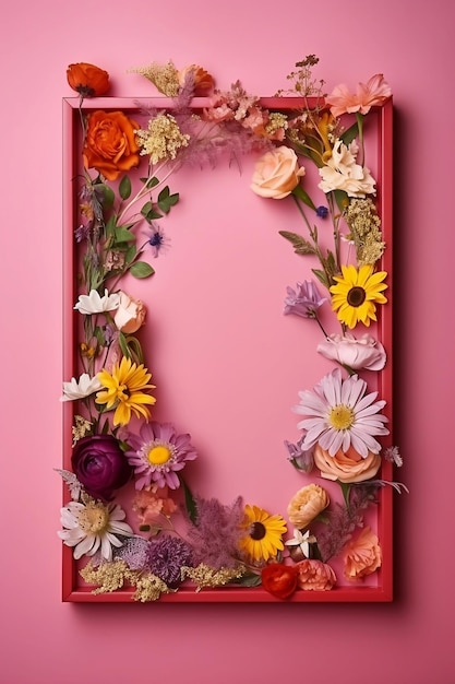 Fiori di campo colorati con cornice in legno su sfondo rosa