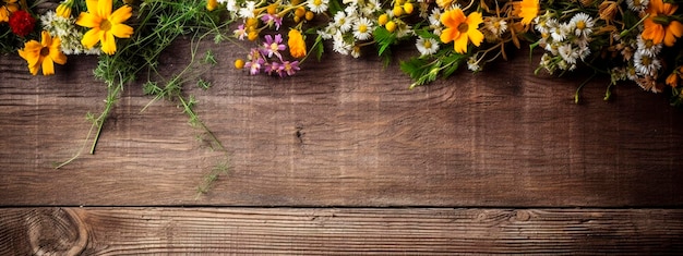 Fiori di campo e sfondo tavolo in legno IA generativa