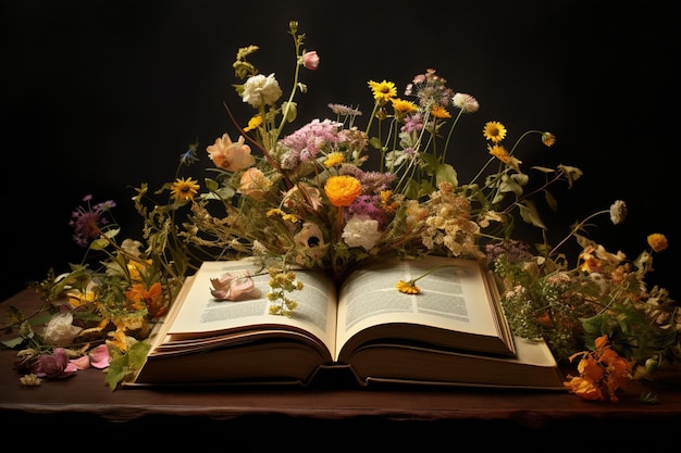 Fiori di campo in un libro aperto che giustappone il romanticismo della natura e della letteratura