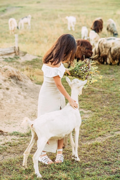 Fiori di campo nelle mani di una giovane ragazza in bianco