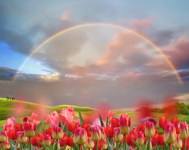 fiori di campo verde selvaggio prato, arcobaleno blu tramonto cielo nuvoloso nuvole rosa campagna