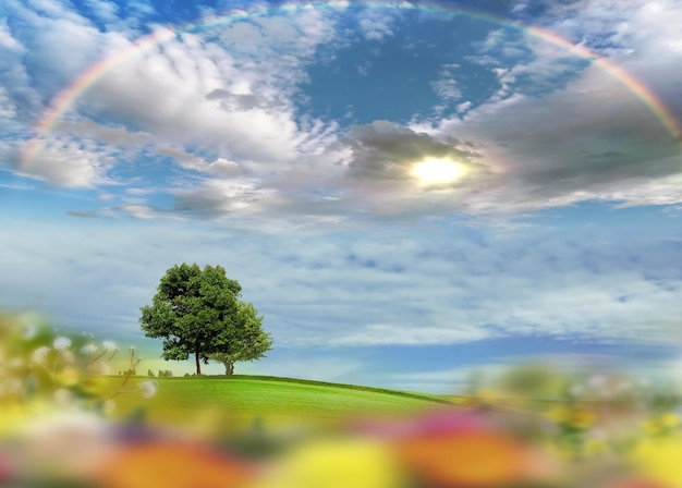 fiori di campo verde selvaggio prato, arcobaleno blu tramonto cielo nuvoloso nuvole rosa campagna