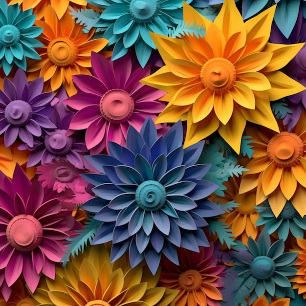 Fiori di carta colorati sono disposti in un motivo su un muro ai generativo