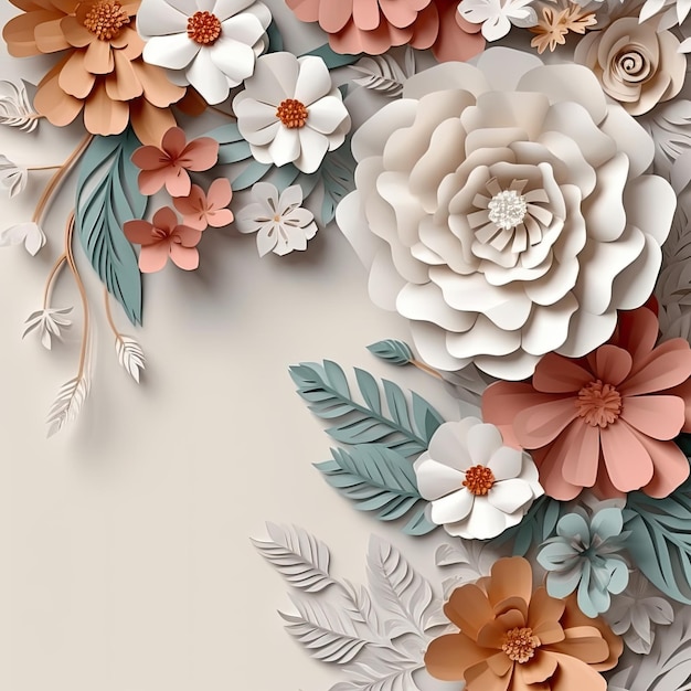 Fiori di carta con foglie e fiori su fondo beige