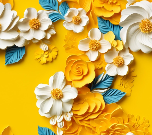 fiori di carta gialla e bianca su uno sfondo giallo generativo ai