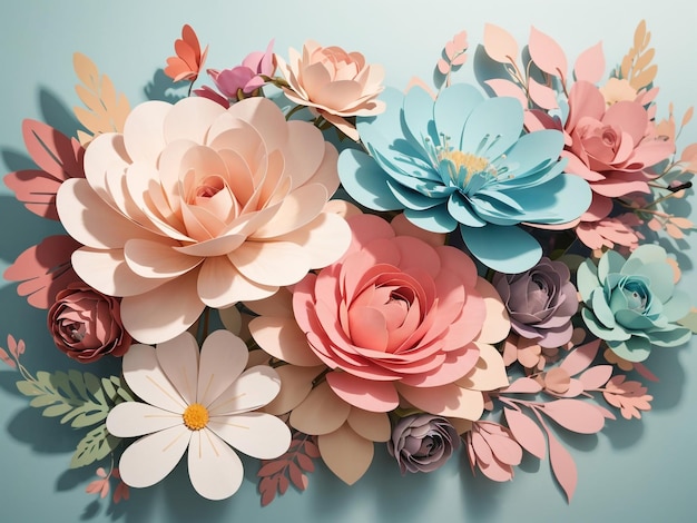 Fiori di carta nella dimensione Rendering 3D astratto di fiori di carta tagliati isolati su bianco