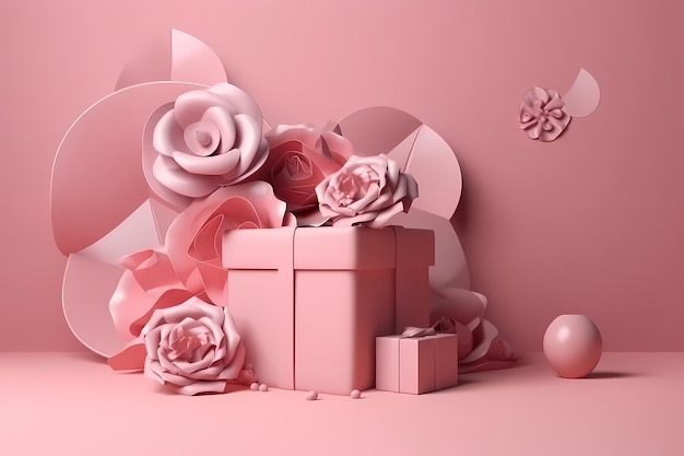 Fiori di carta rosa e un regalo con sfondo rosa