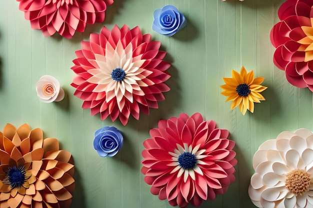 fiori di carta su uno sfondo verde con uno blu e giallo che dice " Buon compleanno ".