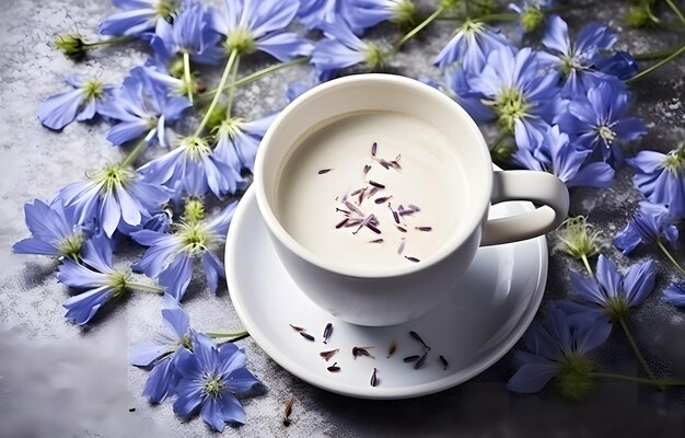 fiori di cicoria e erbe e tazza di caffè su uno sfondo grigio innevato