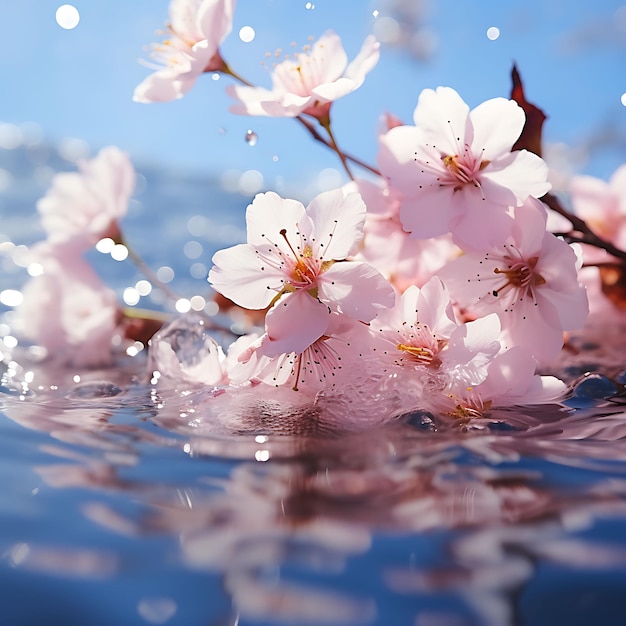 Fiori di ciliegio che cadono contro un cielo blu Tonalità pastello e F Illustrazione iperrealistica Photo Art