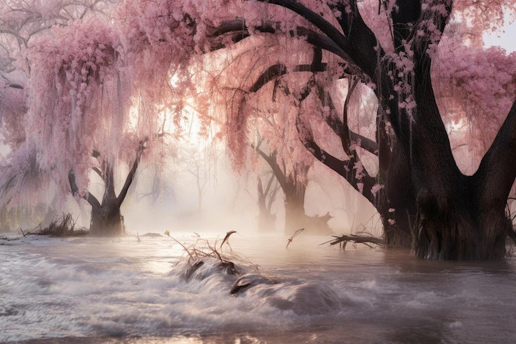 Foto fiori di ciliegio con nebbia mattutina bellissimo sfondo di fiori naturali scena dinamica