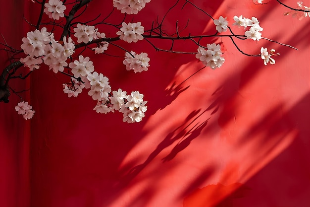 Fiori di ciliegio contro un muro rosso