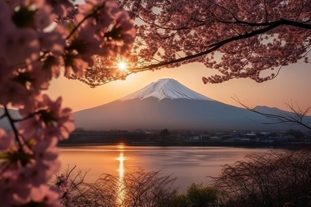 Fiori di ciliegio e montagna Fuji in primavera all'alba Shizuoka in Giappone