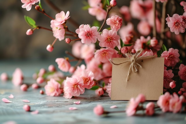 Fiori di ciliegio e scatola da regalo su superficie di legno