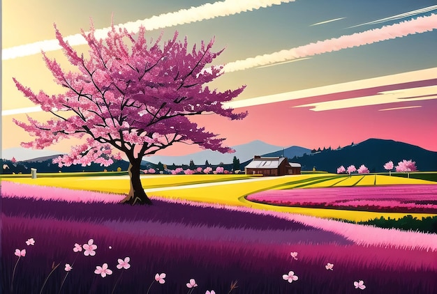 Fiori di ciliegio Fiori rosa Alberi primaverili Fantasia Astratta Ai Illustrazione Pittura