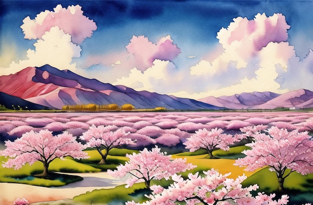 Fiori di ciliegio Fiori rosa Alberi primaverili Fantasia Illustrazione Pittura ai generato Acquerello