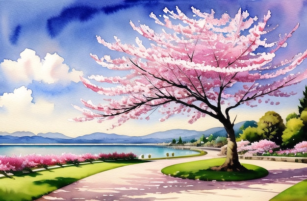 Fiori di ciliegio Fiori rosa Alberi primaverili Fantasia Illustrazione Pittura ai generato Acquerello