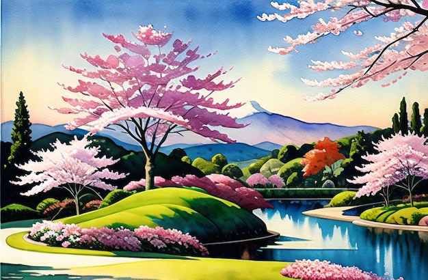Fiori di ciliegio Fiori rosa Alberi primaverili Fantasia Illustrazione Pittura ai generato Acquerello